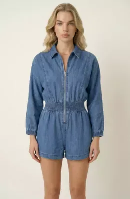 Denim Utility Romper with Collared Neckline, Zip Front Closure, Smocked Waist and 3/4 Length Sleeves