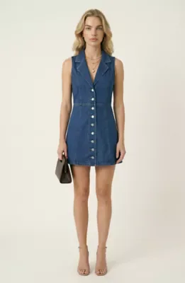 Sleeveless Denim Mini Dress with Tailored Seaming and Button Front