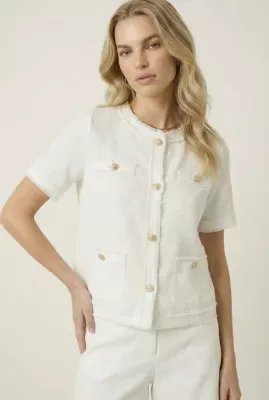 Textured Short Sleeve Jacket with Frayed Trim and Button Front