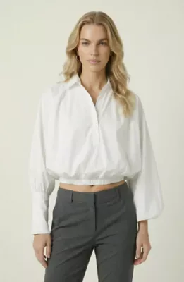 Long Sleeve Cropped Blouse with Elastic Hem and Relaxed Fit