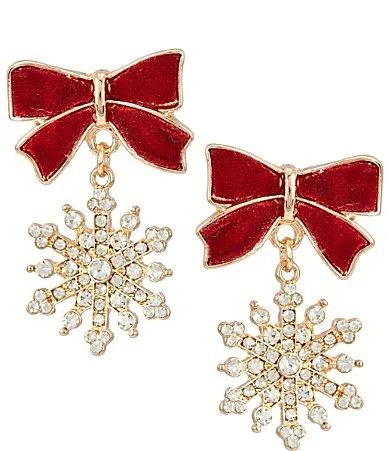Holiday Bow Stud Crystal Pave Snowflake Drop Earring