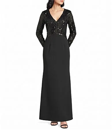 V-Neck Long Sleeve Sequin Mermaid Gown