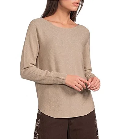 Fined Ribbed Knit Woven Metallic Boat Neck Batwing Sleeve Sweater