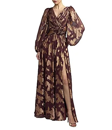 Mac Duggal Burnout Chiffon Bishop Sleeve V Neck a Line Gown
