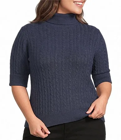 Cable Knit Turtle Neck Elbow Length Sleeve Sweater