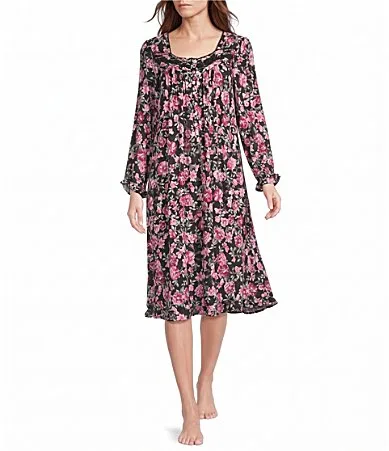 Long Sleeve Sweetheart Neck Modal Knit Black Print Waltz Length Nightgown
