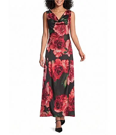 Leslie Fay Drape Neck Sleeveless Floral Print Stretch Satin Fit Flare Dress