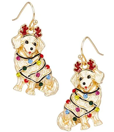 Christmas Lights Golden Retriever Drop Earrings by Merry & Bright