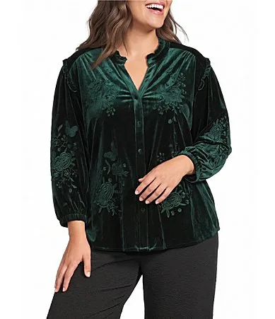 Velvet Tonal Embroidery Ruffle Split V-Neck 3/4 Sleeve Button Front Tunic