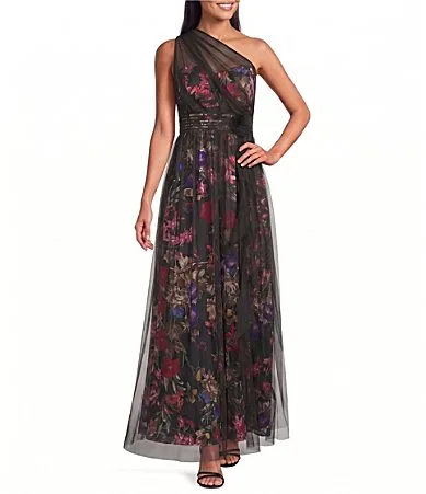 One Shoulder Printed Charmeuse Mesh Overlay Dress