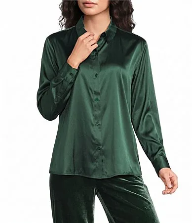 Stretch Silk Charmeuse Point Collar Long Sleeve Button-Front Shirt