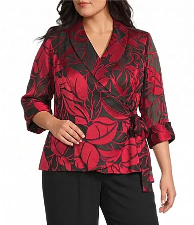 Floral Print Chiffon Burnout V-Neck 3/4 Illusion Sleeve Blouse Top