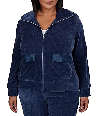 Coordinating Velveteen Portrait Collar Long Sleeve Zip Front Jacket