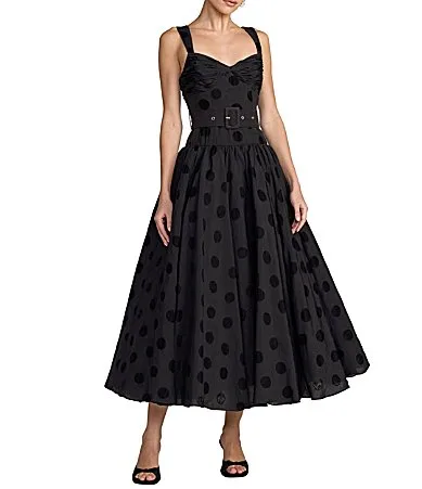 Mac Duggal Sleeveless Sweetheart Polka Dot Midi Dress