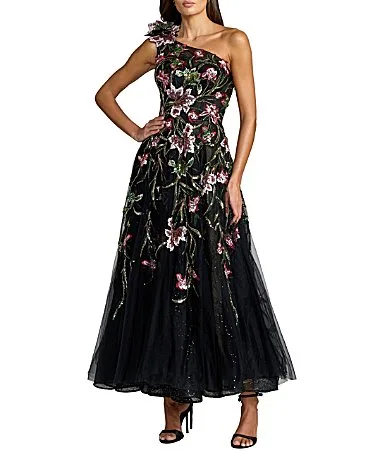 Mac Duggal Embroidered Mesh One Shoulder Evening Gown