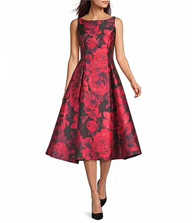 Boat Neck Sleeveless Floral Print Mikado Dress