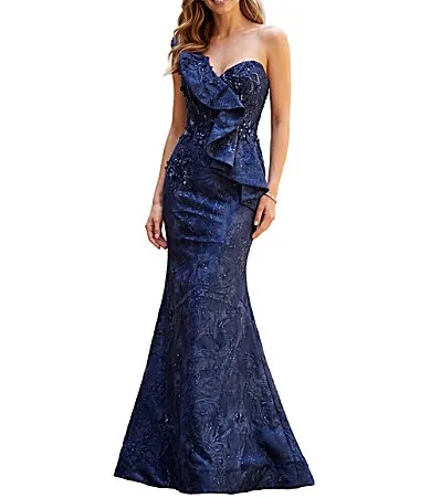 One Shoulder Ruffle Brocade Mermaid Gown