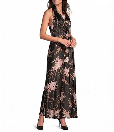 V-Neck Print Satin Faux Wrap Midi Dress