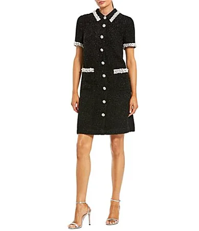 Mac Duggal Button Up Boucle Collared Mini Dress
