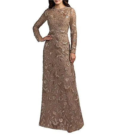 Mac Duggal Long Sleeve High Neck Embroidered Evening Gown
