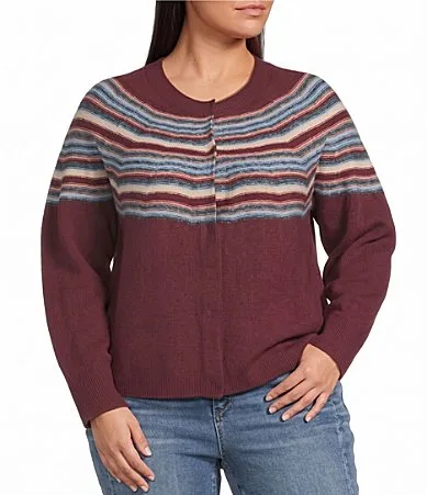Jacquard Abstract Placement Stripe Round Neck Long Sleeve Snap-Front Sweater Cardigan