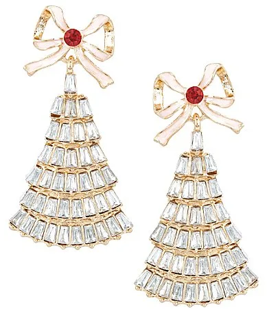 Holiday Bow Rhinestone Tree Drop Earrings