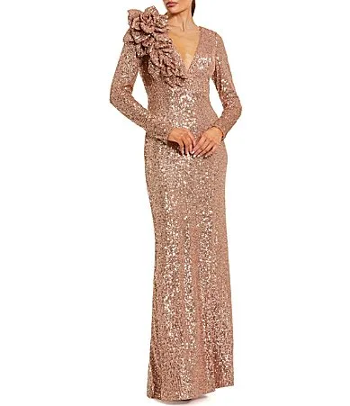 Mac Duggal Long Sleeve V-Neck Sequin Gown