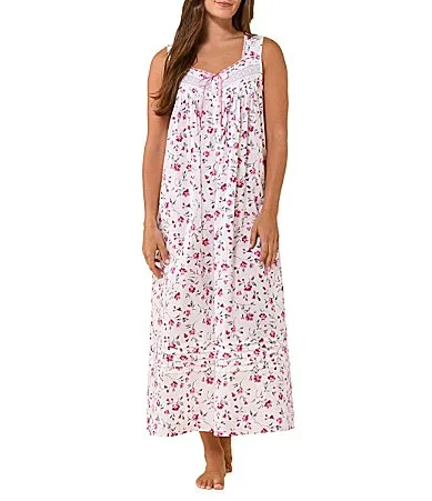 Floral Print Sleeveless Sweetheart Neck Cotton Lawn Long Nightgown