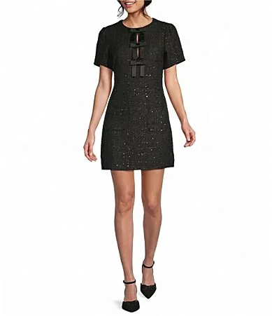 Boucle Short Sleeve Bow Accent Dress