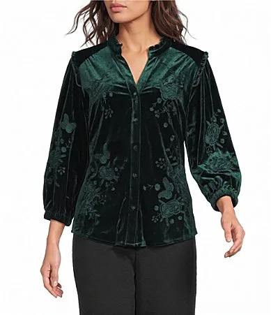 Velvet Tonal Embroidery Ruffle Split V-Neck 3/4 Sleeve Button Front Tunic