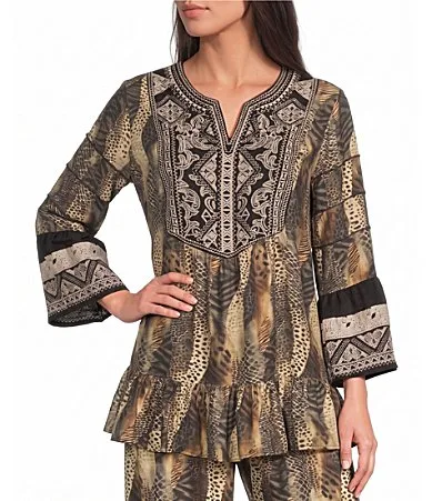 Animal Print Embroidered Bib Split V-Neck 3/4 Bell Sleeve Tunic