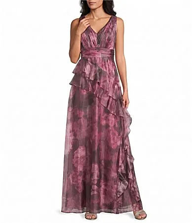 V-Neck Sleeveless Floral Print Iridescent Organza Long Dress