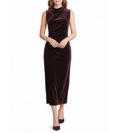Solid Stretch Velvet Funnel Neck Sleeveless Bodycon Dress