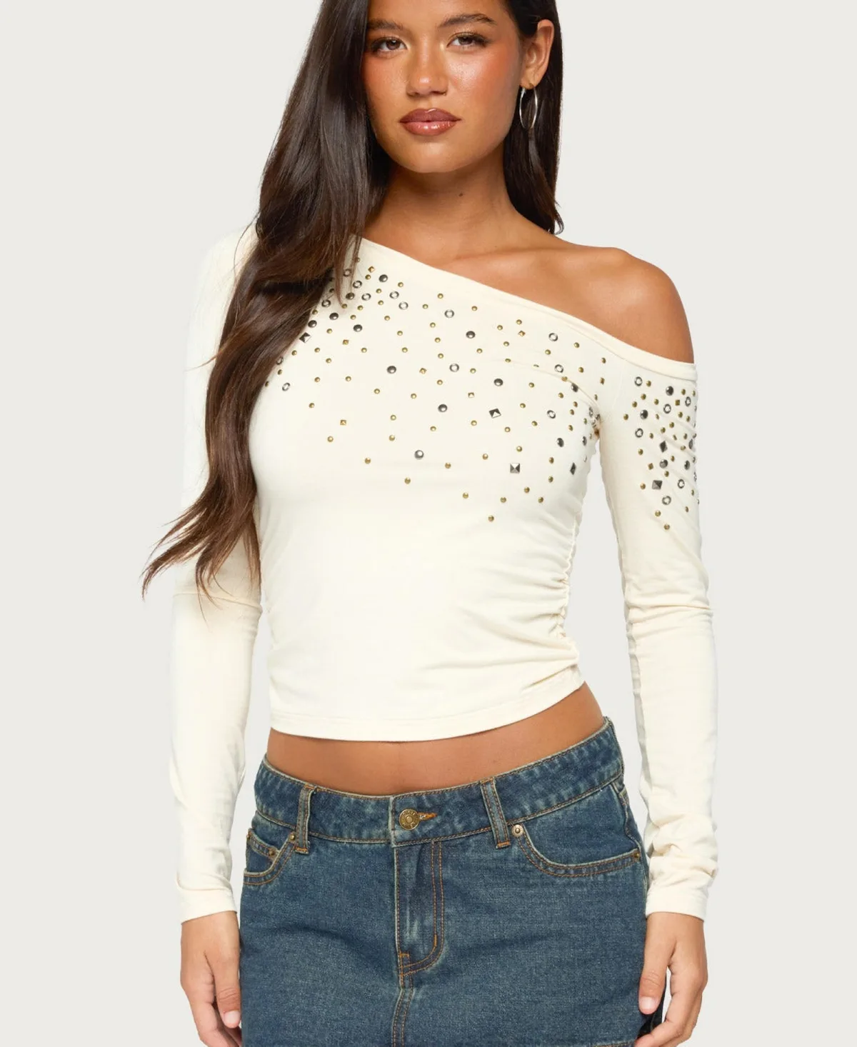 Hetty Long-Sleeve Off-the-Shoulder Studded Top