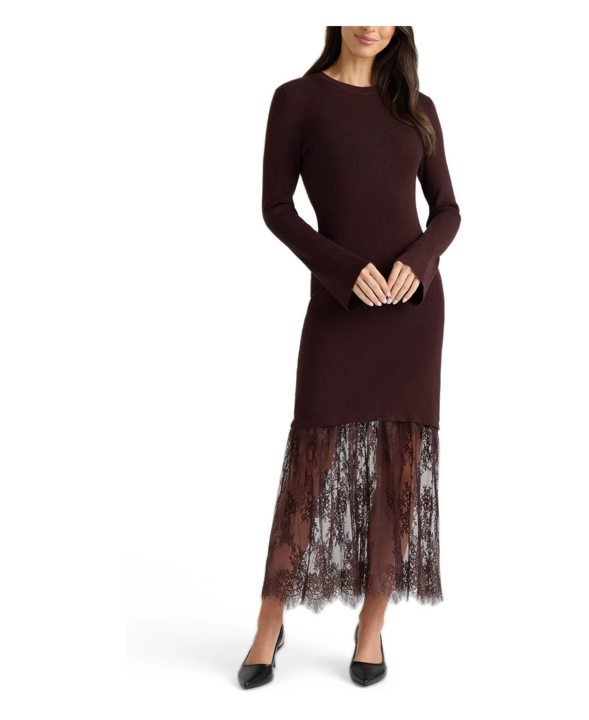 Sheer-Lace Long-Flared-Sleeve Sweater Dress