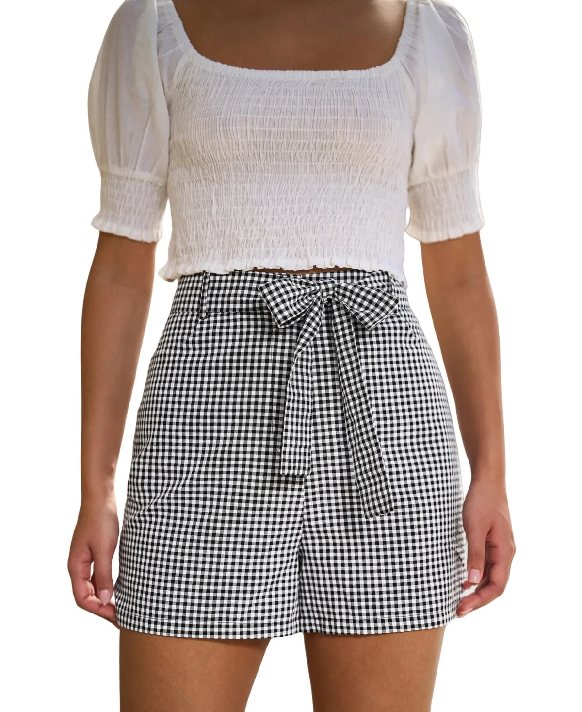 Cotton Gingham Tie Belt Shorts