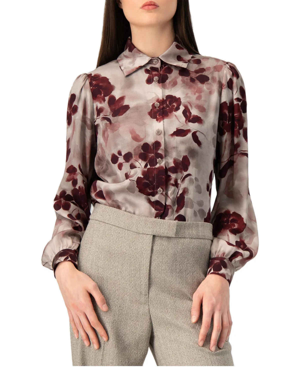 Floral-Print Long-Sleeve Satin Button-Up Blouse