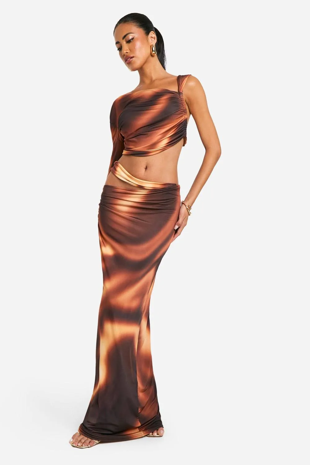 Printed Slinky Cut Out Detail Maxi Skirt