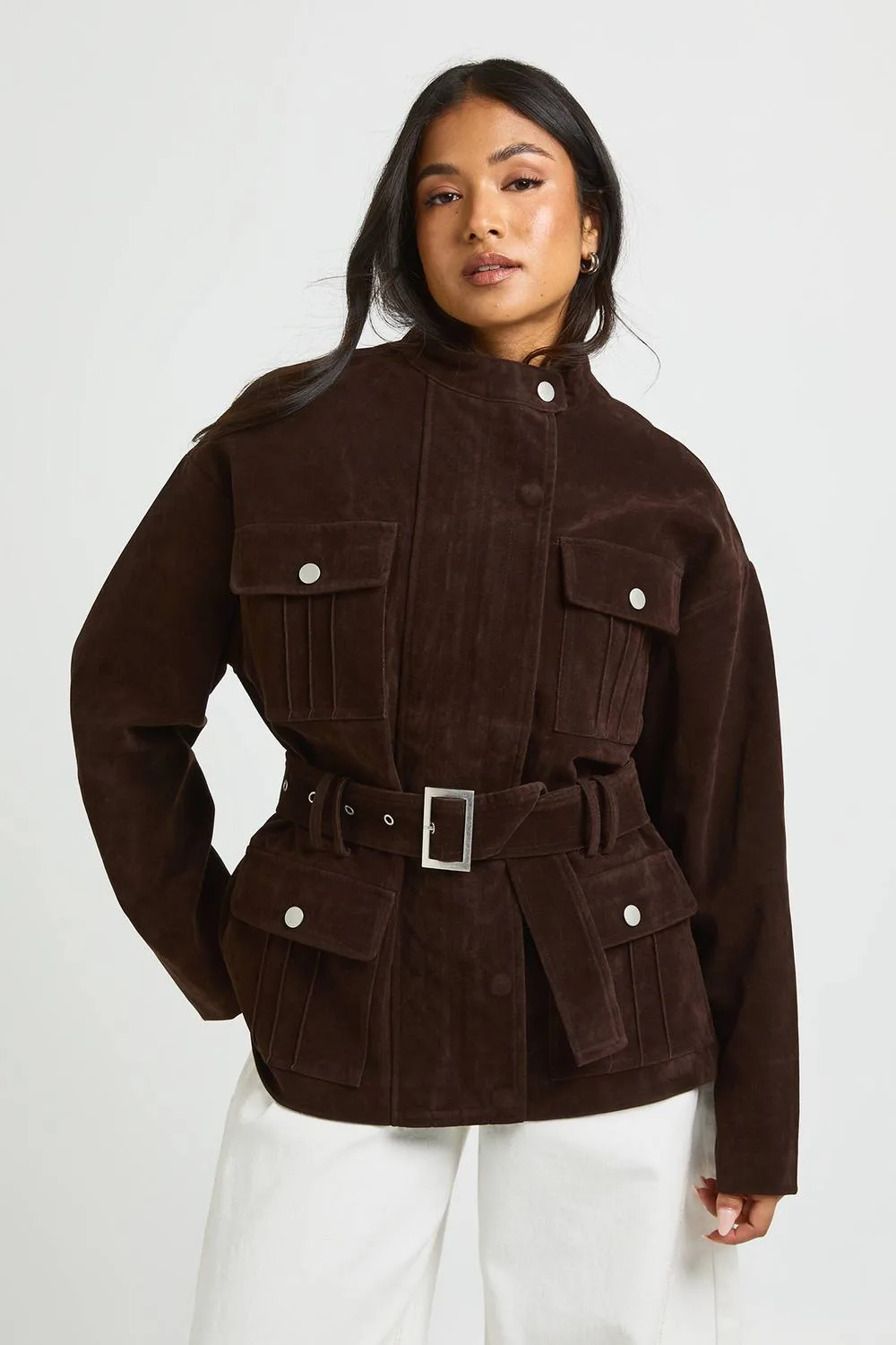 Faux Suede Belted Jacket