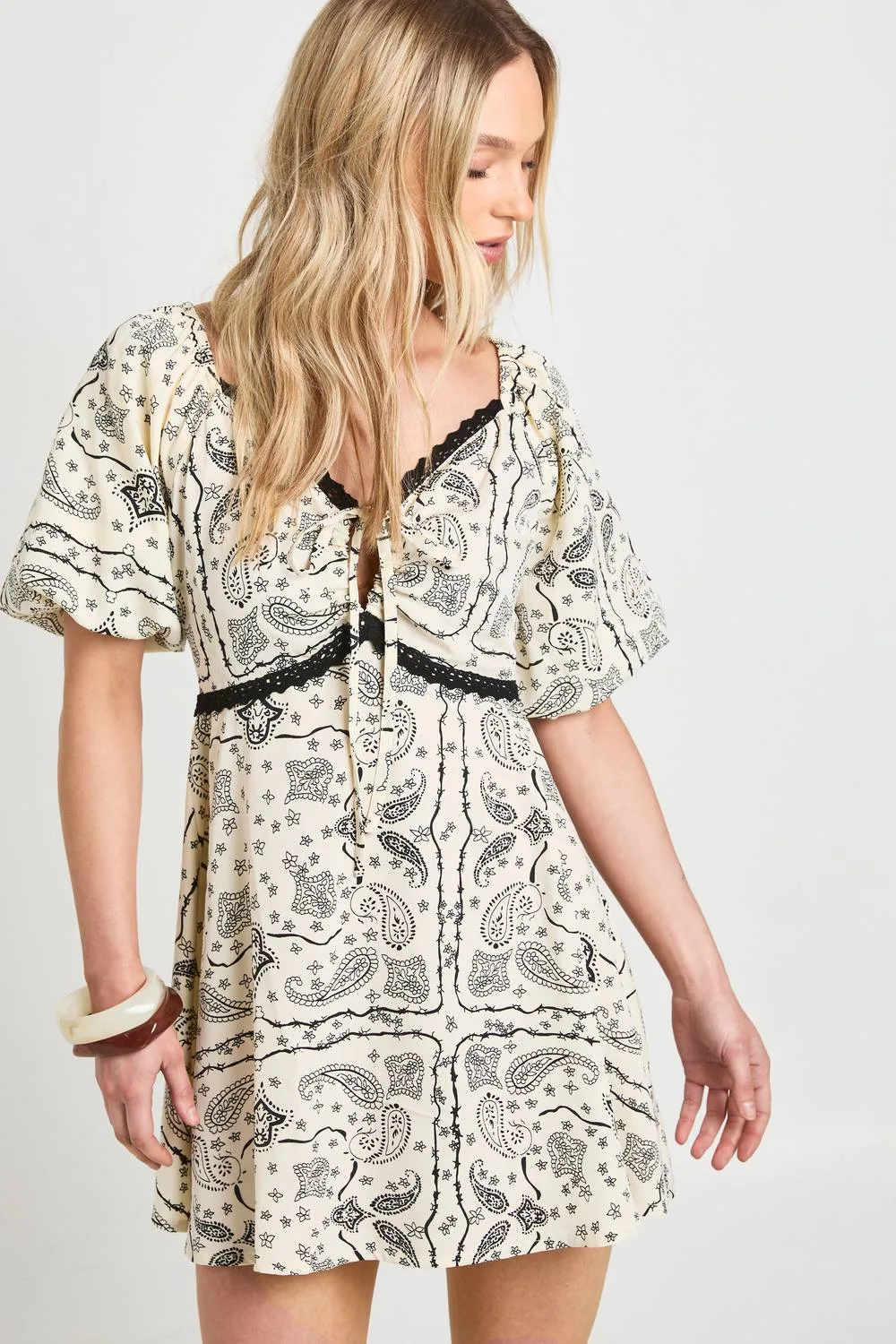 Lace Trim Paisley Print Mini Dress