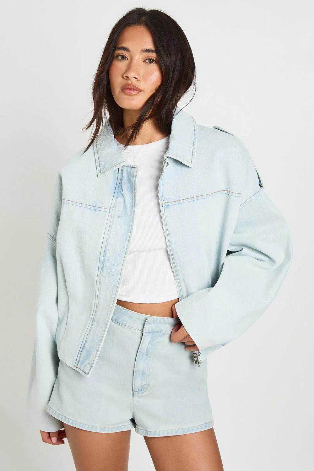 Denim Oversized Bomber Jacket by boohoo