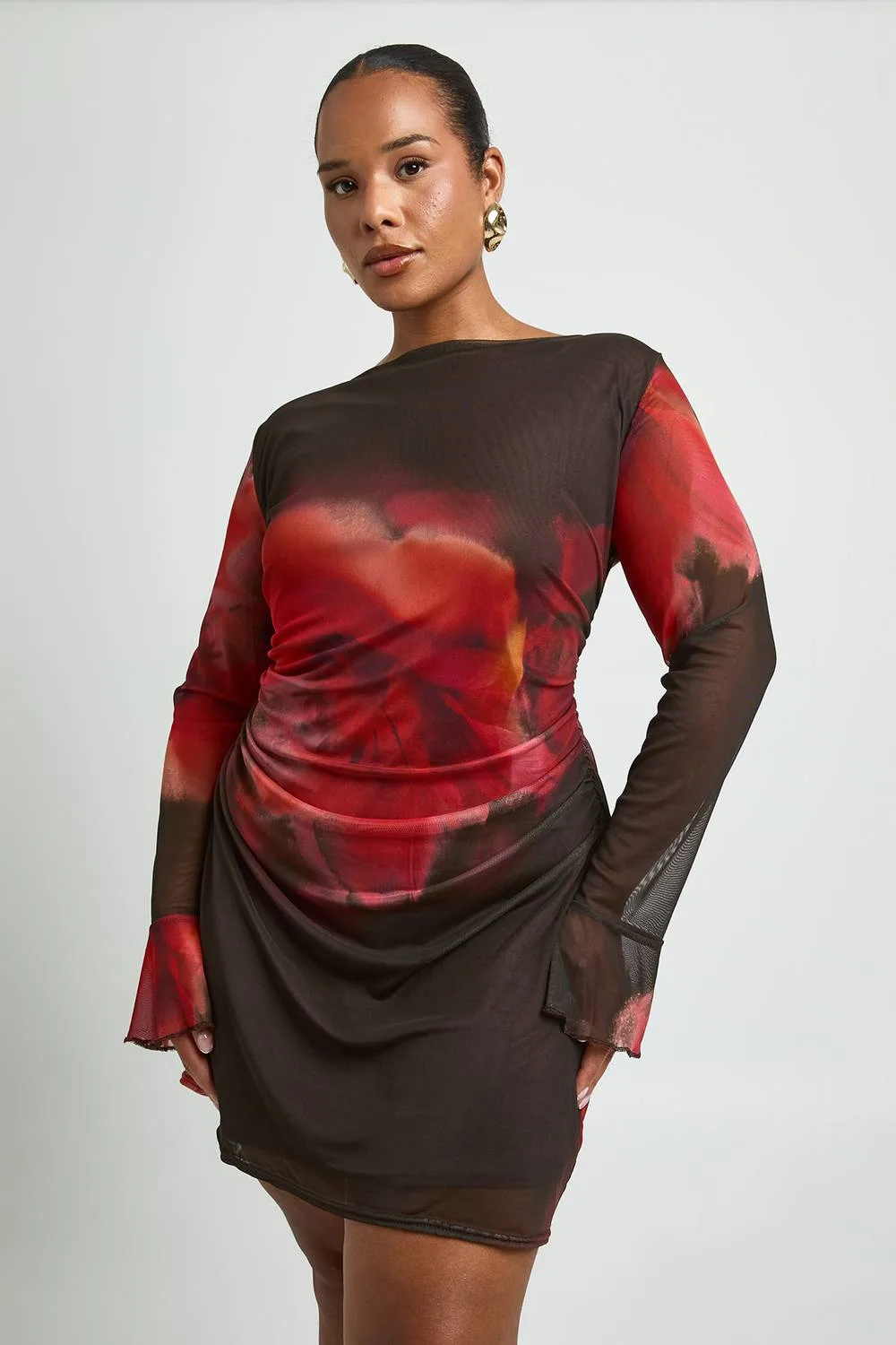Large Floral Ruched Mini Shift Dress