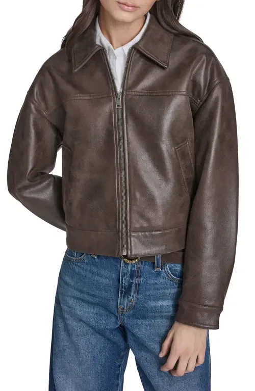 Faux Leather Zip Jacket in Dark Brown Faux Suede