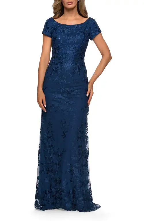 Long Three Quarter Sleeve Floral Lace Evening Gown