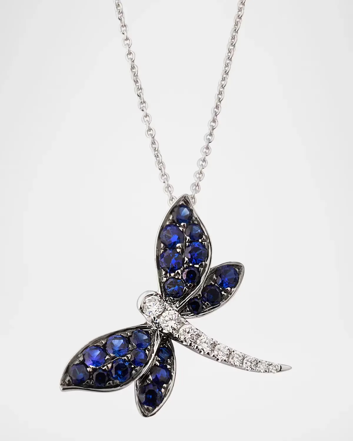 18K White Gold Dragonfly Blue Sapphire and White Diamond Pendant Necklace by Lisa Nik