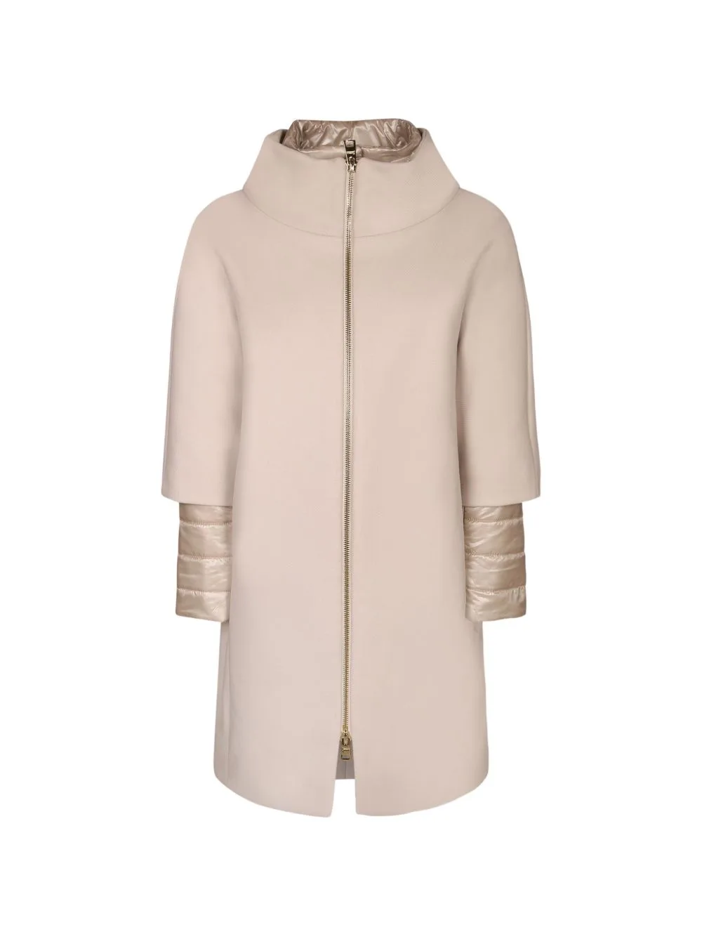 Quilted-Sleeve Funnel-Neck Coat