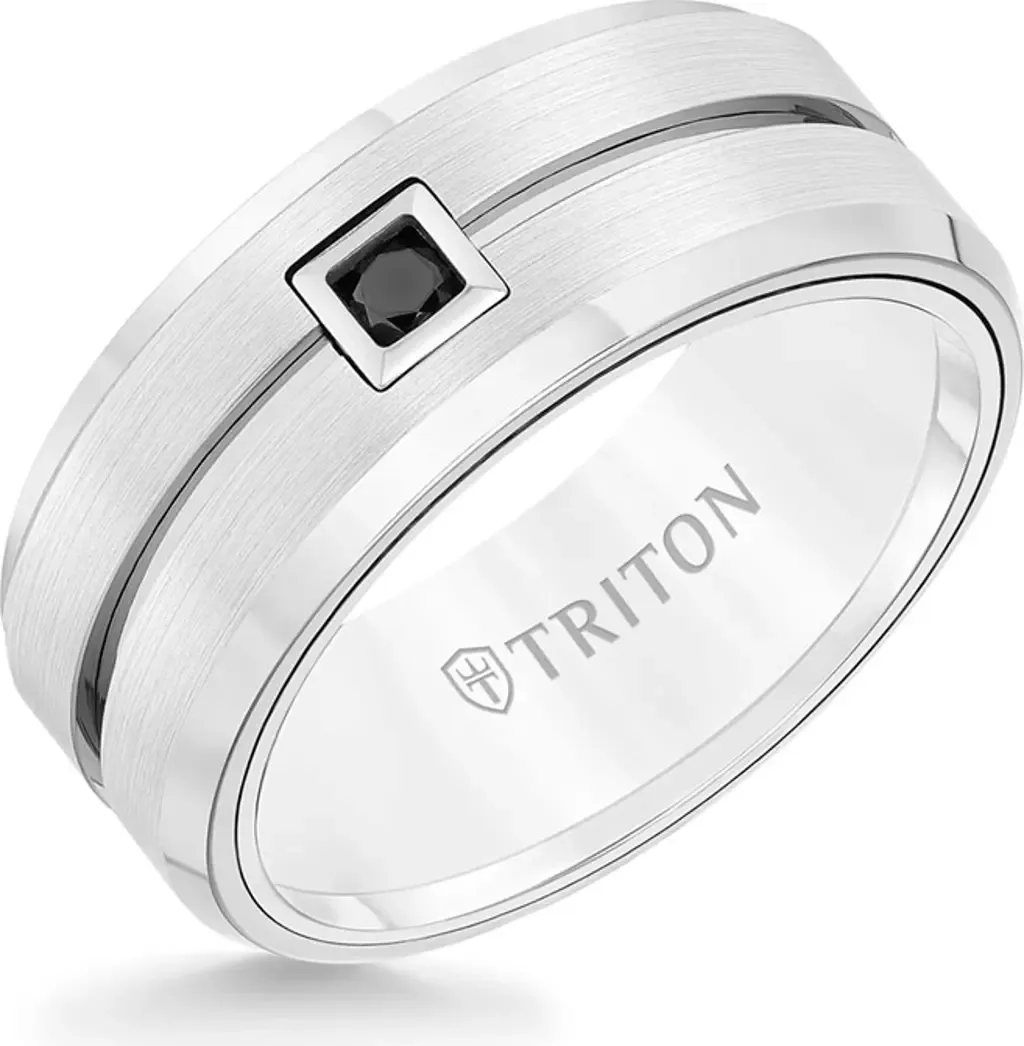 9MM Ring with Single Black Diamond Center and Brushed Center with Bevel Edge by Triton