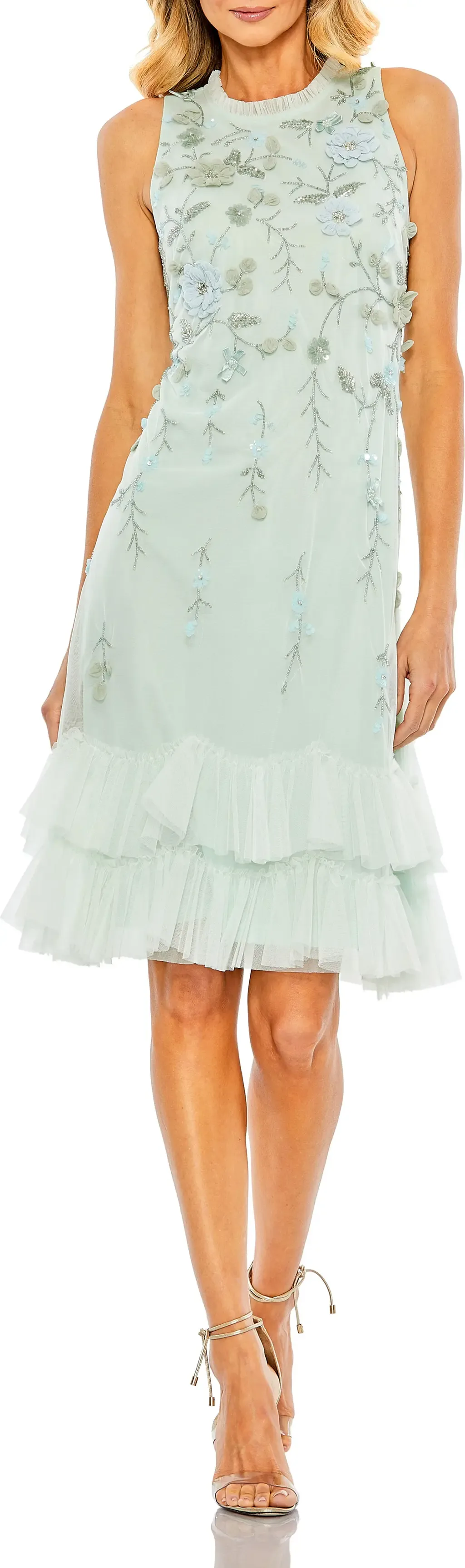 Embellished Ruffle Tiered High Neck Floral Dress