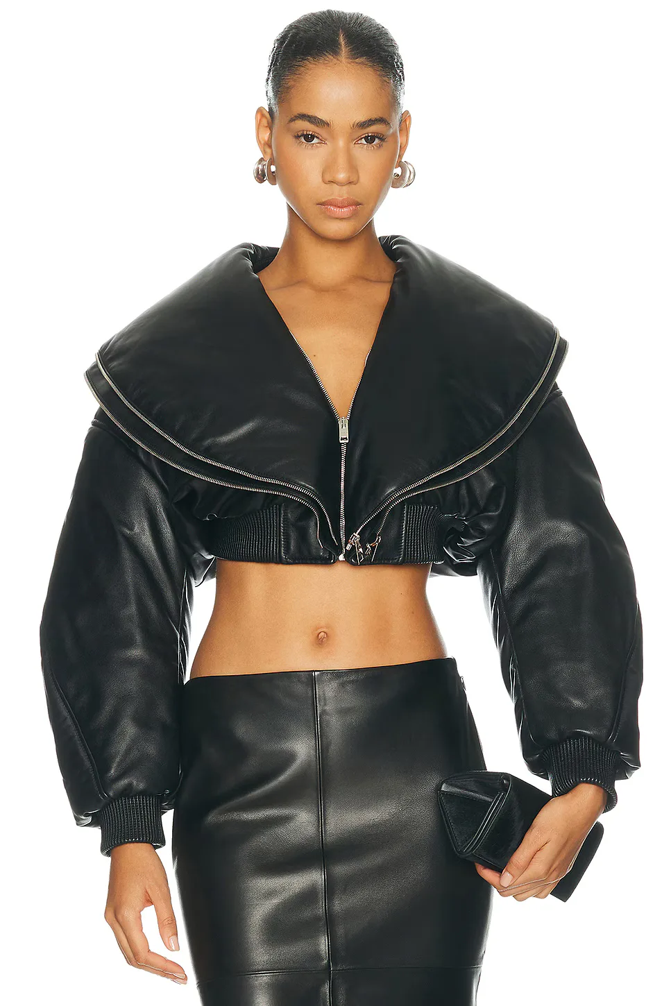 Double Zip Collar Cropped Bomber Jacket