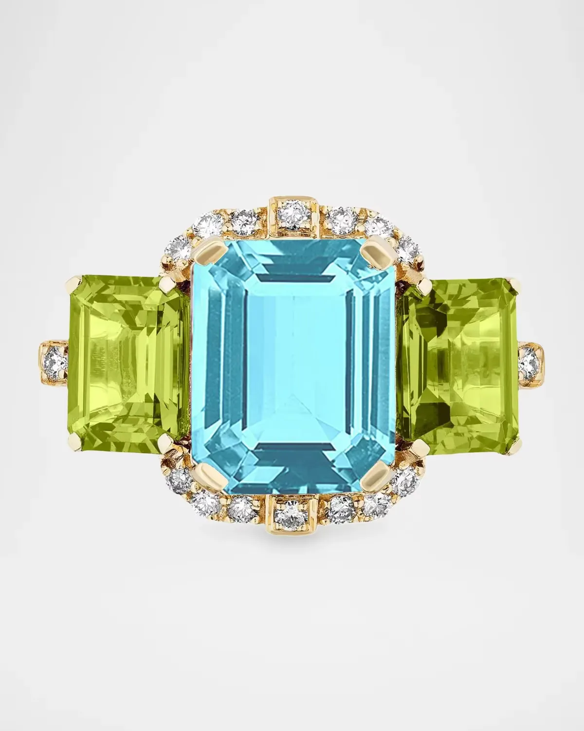 18K Yellow Gold Gossip Blue Topaz and Peridot 3-Stone Emerald Cut Ring with Diamonds by Goshwara